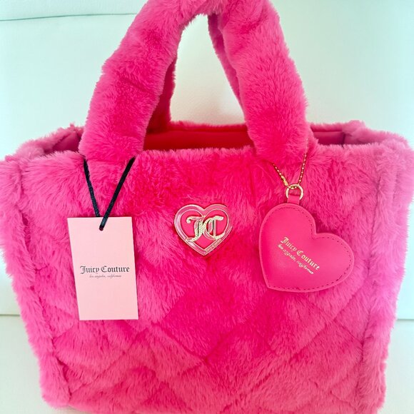 NWT JUICY COUTURE LET'S GET COZY TOTE BAG PINK FLASH VIRAL BAG FAUX FUR - Picture 1 of 7
